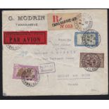 French Colonies Madagascar 1933 Commercial Env Airmail Registered Tananarive to France, a very