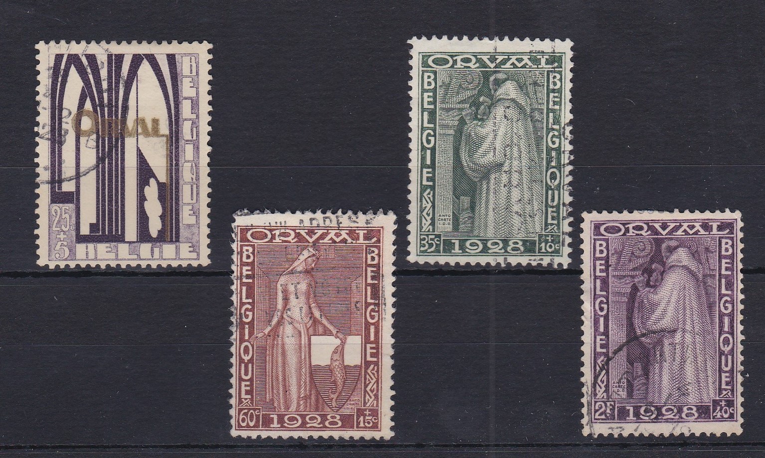 Belgium 1928 Orval Abbey SG 462-463 used, SG 464 used, SG 466 used, cat value £32.25p