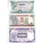 Uganda 1966 (ND) 100 Shillings, UNC; 1000 plus 5000 (UNC), (3)