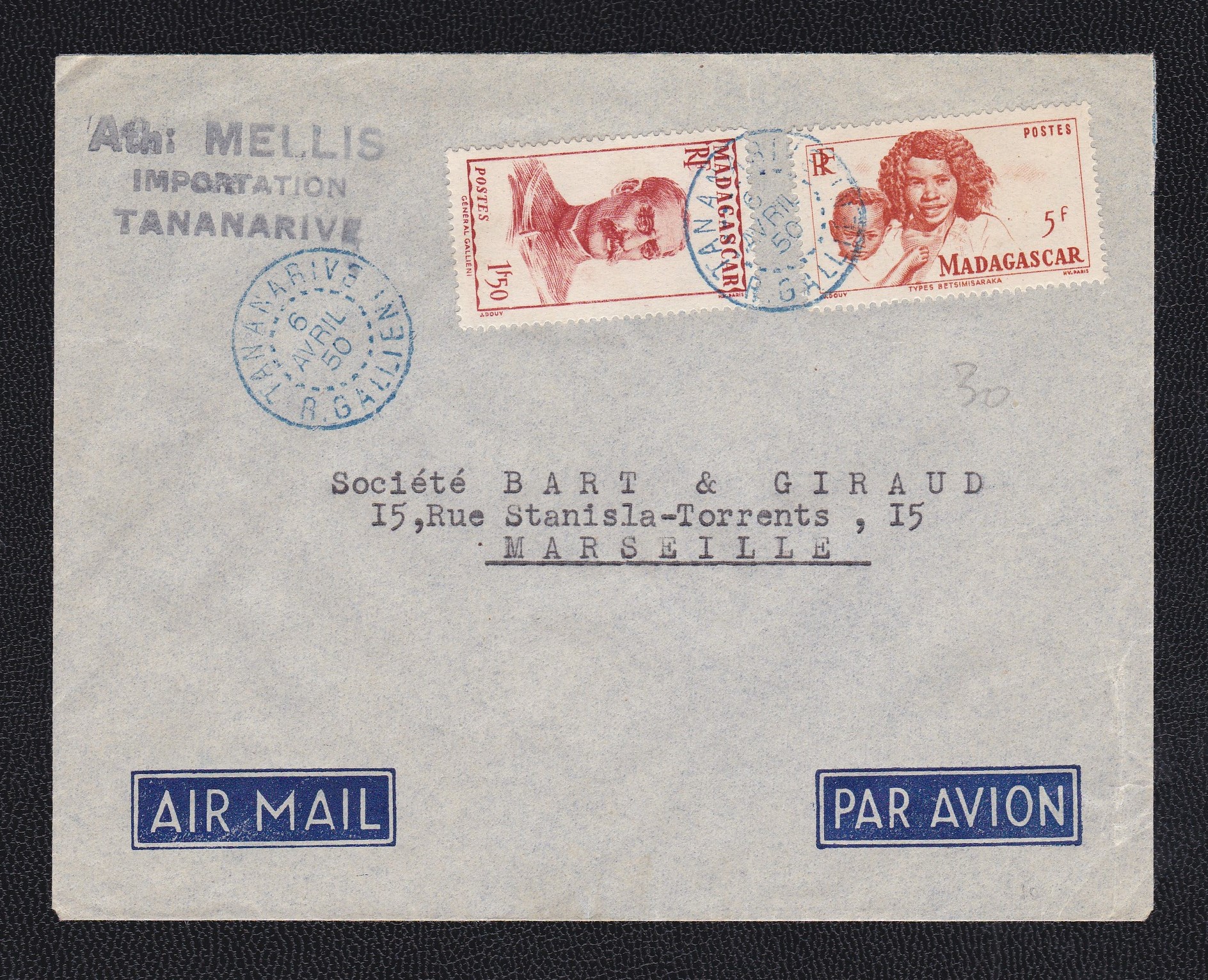 French Colonies Madagascar 1950 Animal env, commercial, Tanarive to Marseille