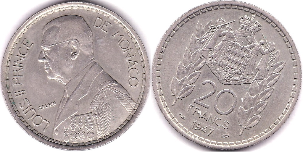 Monaco 1947 20 Francs, GEF, KM 124