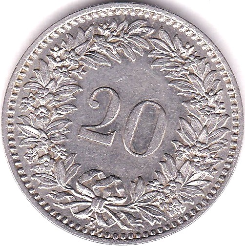 Switzerland 1924B 20 Rappen, KM 29, UNC - Image 2 of 3