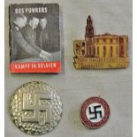 German WWII and Later WHW Tinnie and lapel badges (4) including: "Des Fuhrers Kamp in Belgian, N.S.