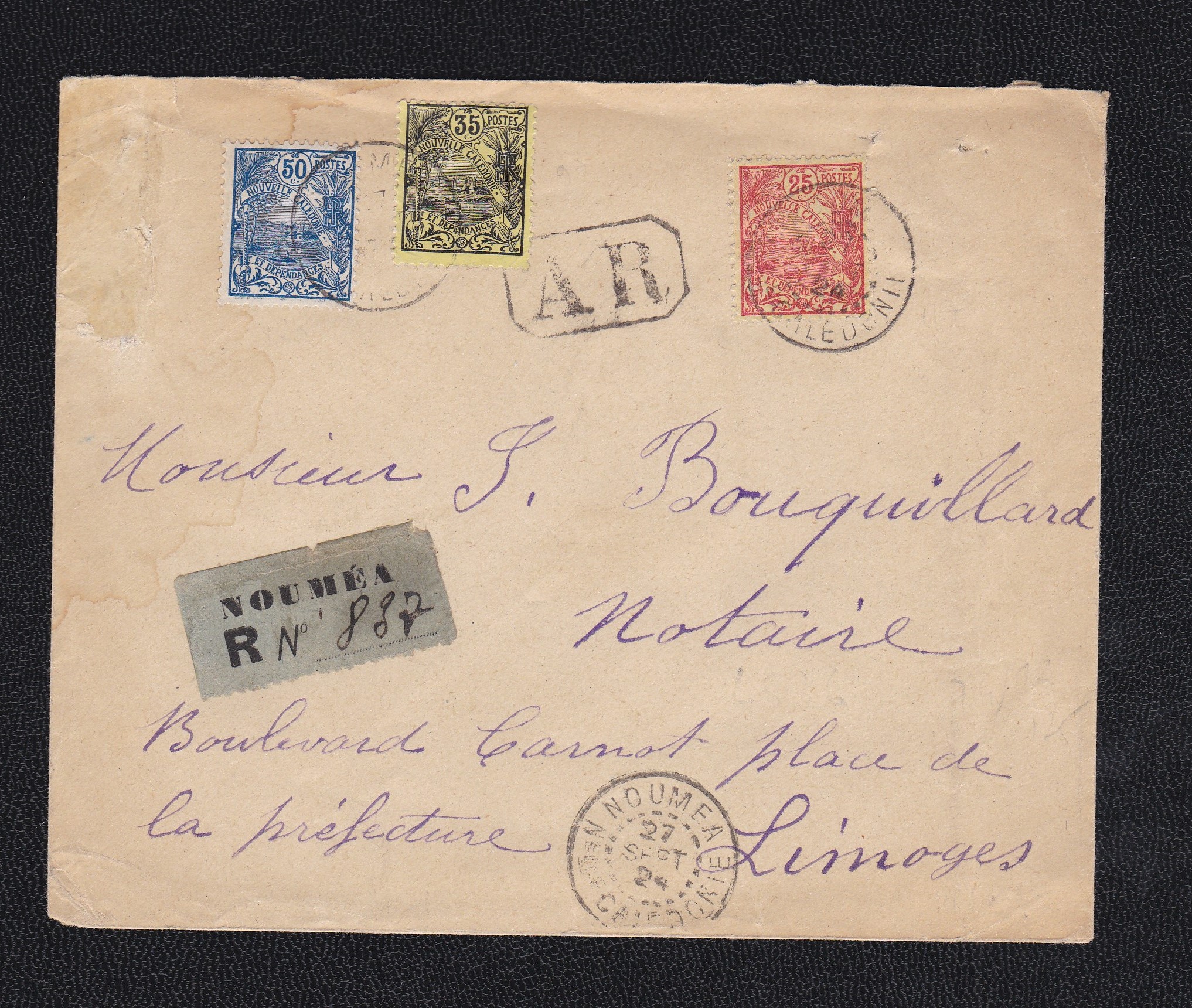 French Colonies New Caledonia 1934 env Registered Noumea to Limoges - Noumea cds on adhesives and