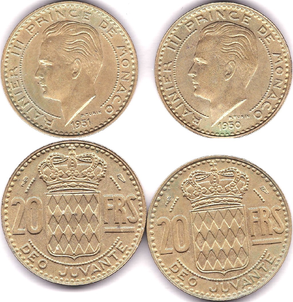 Monaco 1950A and 1951A 20 Francs, GEF/AUNC, KM 131 (2)