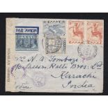 Greece 1941 Censored env Airmail to Karachi, another 1952 Control Du Change examined label. (2)