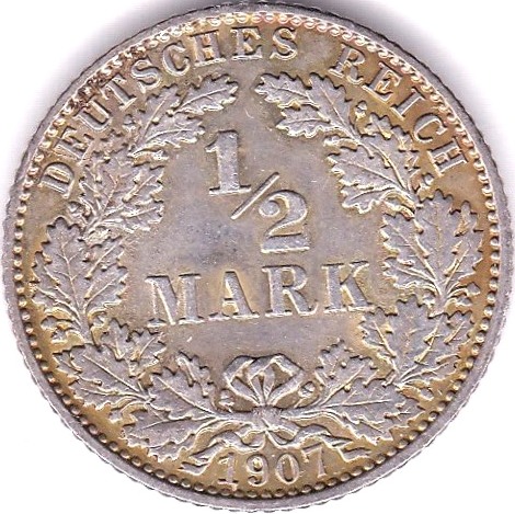 German - Empire 1907 E Half Mark, KM17, BUNC choice low mintage, scarce - Image 3 of 3