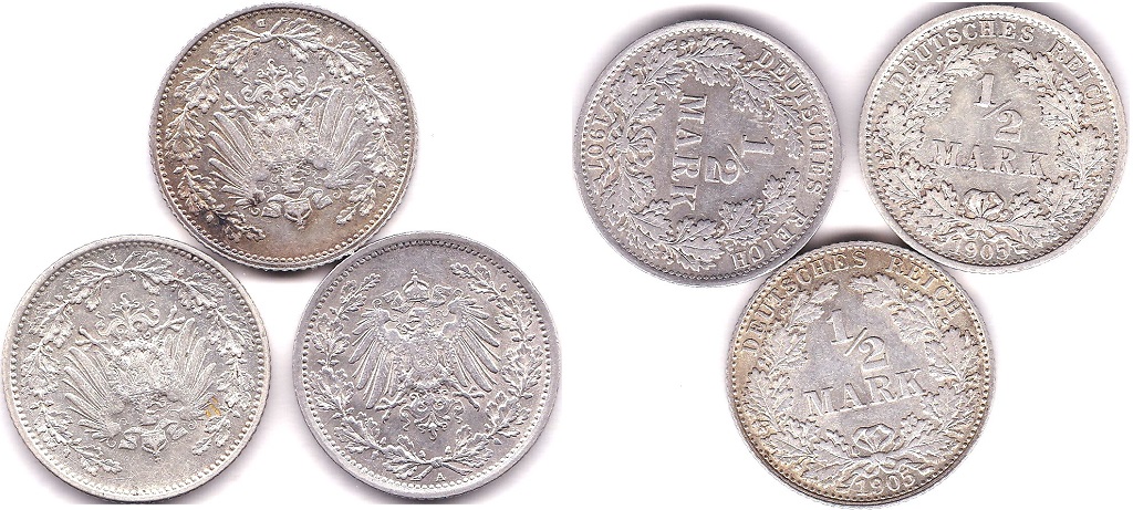 Germany - Empire 1905 D Half Mark, BUNC KM17, Germany - Empire 1905 F Half Mark, UNC KM17 and