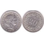 Switzerland 1927B 20 Rappen, AUNC, KM 29, low mintage