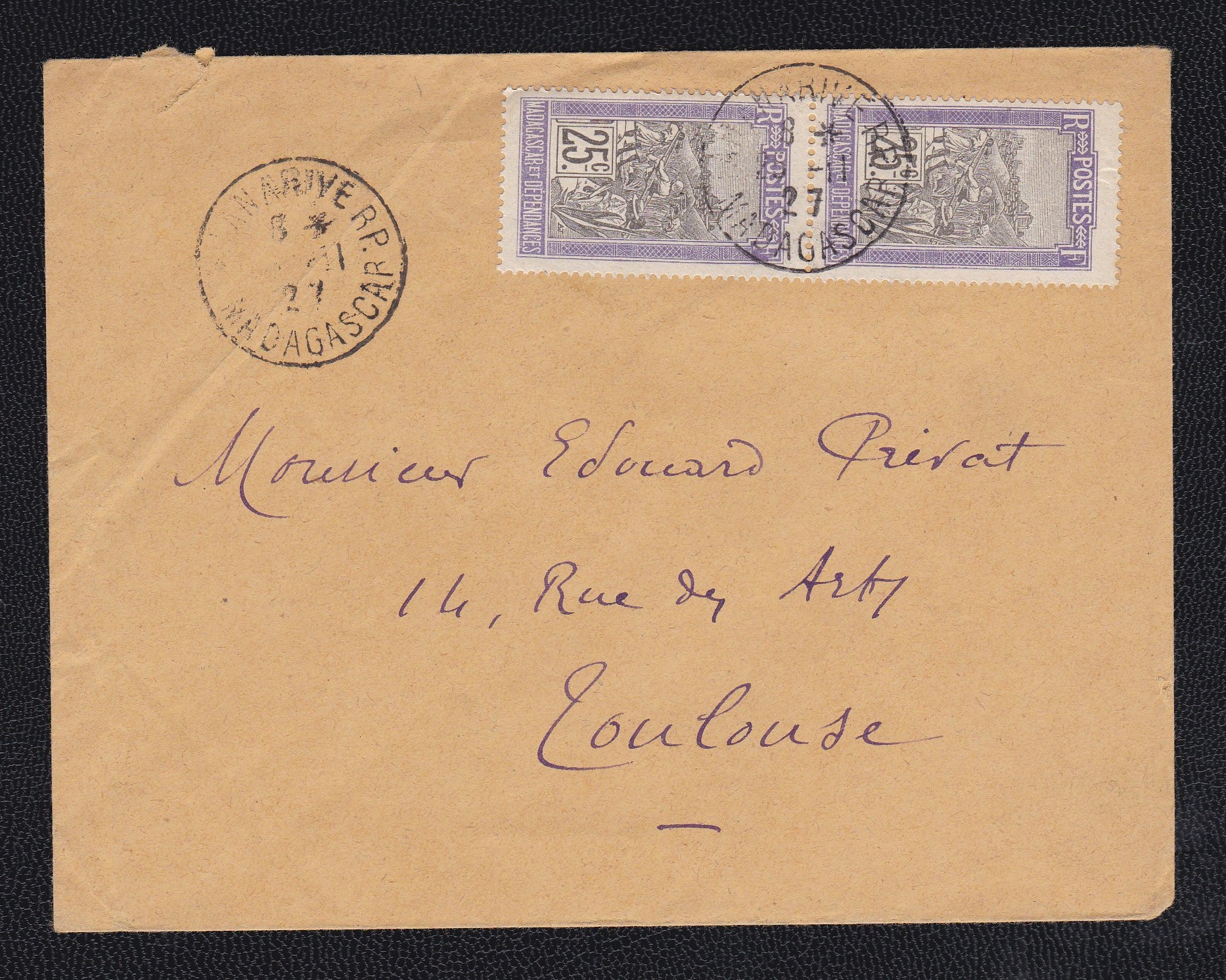 French Colonies Madagascar 1927 env Tanan to Toulouse with pair 25c adhesives, Tanan cds