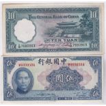 China 1936 10 Yuan, P218a, 1940 5 Yuan, P84, VF+ (2)