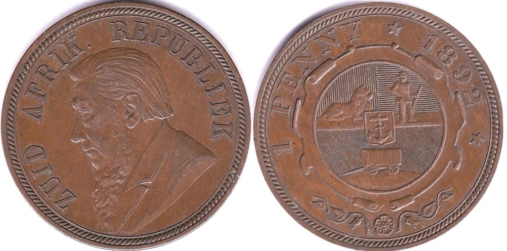 South Africa 1892 Penny, EF, even toning, KM2