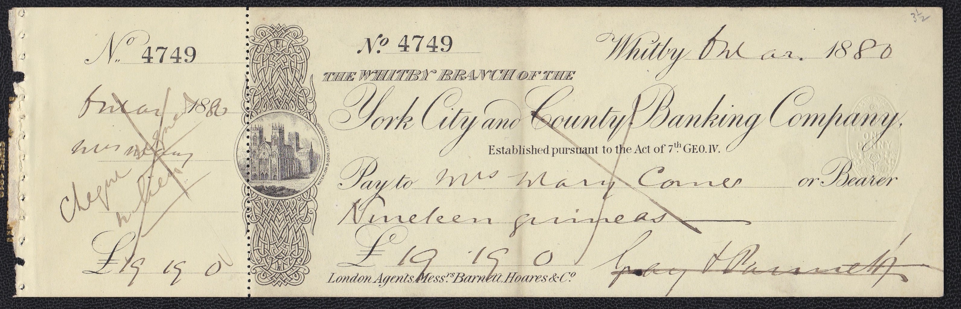 York City & County Banking Co, Whitby. Used Bearer with C/F CO 24/3/79. Black on Yellow. Vig: Abbey,