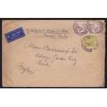 Australia 1934- envelope airmail 'Adelaide-Perth-Karachi-London' with pair 2/- and 4d olive adhesive