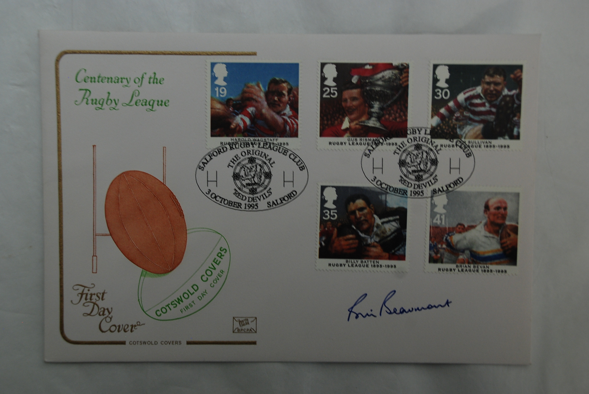 Great Britain 1995 (Oct 3rd) Rugby League Centenary FDC, Salford Rugby League Club handstamp,