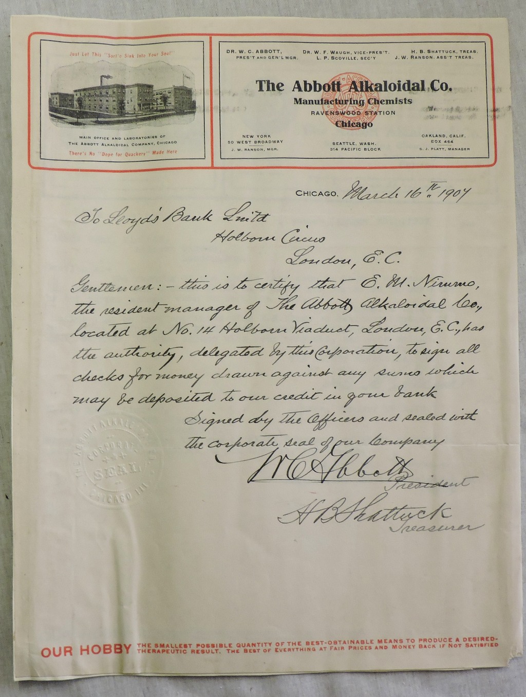 The Abott Alkalodal Co. - 1907 Manufacturing chemists, Chicago. 1907 letter-headed certificate to