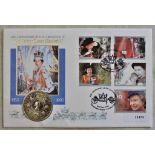 Great Britain 1993 Queen Elizabeth 40th Anniversary of the Coronation Stamp (set, cover) and £5 Coin
