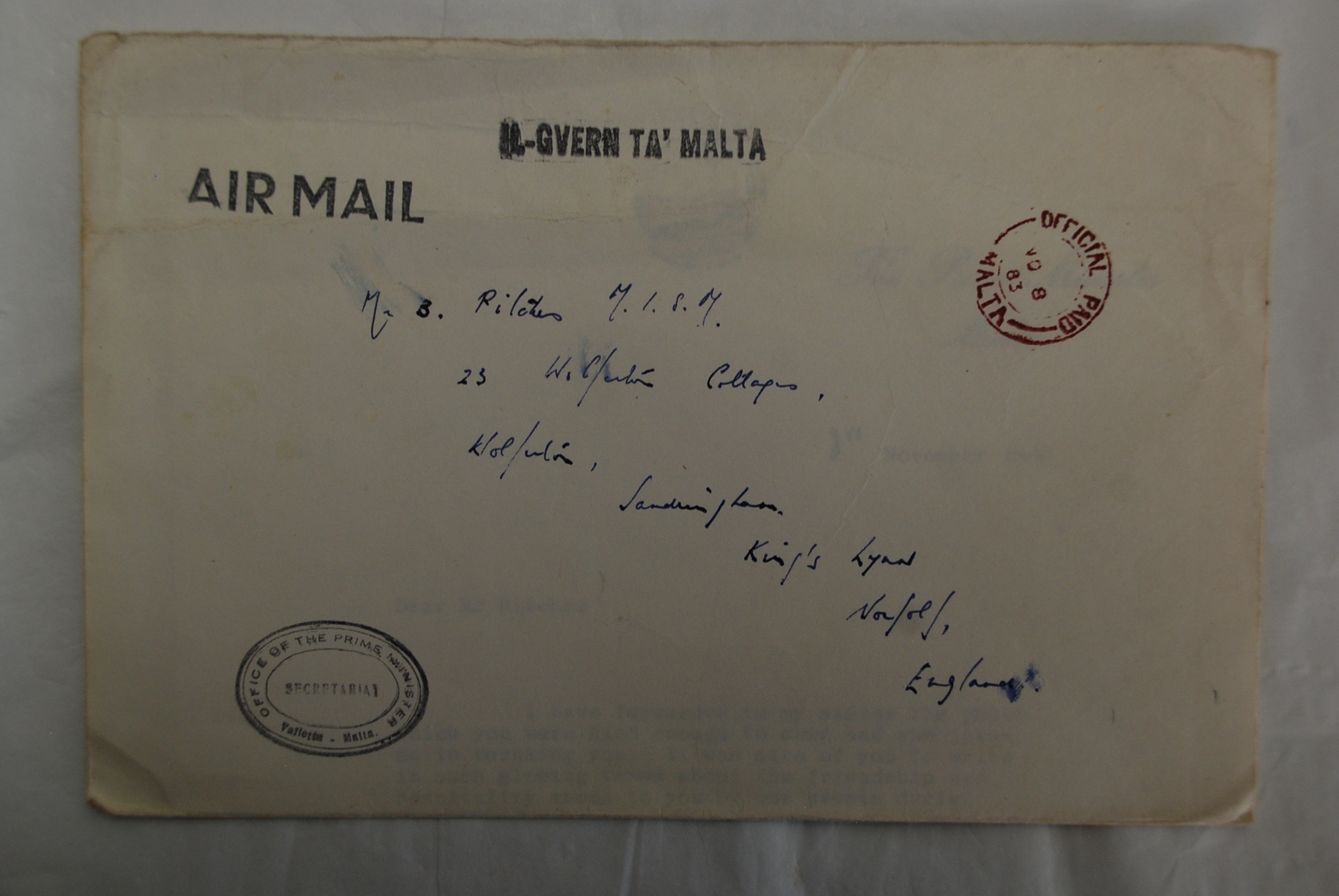 Mintoff-Don-Prime Minister of Malta, signed letter 1983, envelope with office of The prime