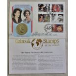 Great Britain 1992 Queen Elizabeth 40th Accession Anniversary stamp (set) and coin (£2 Alderney)