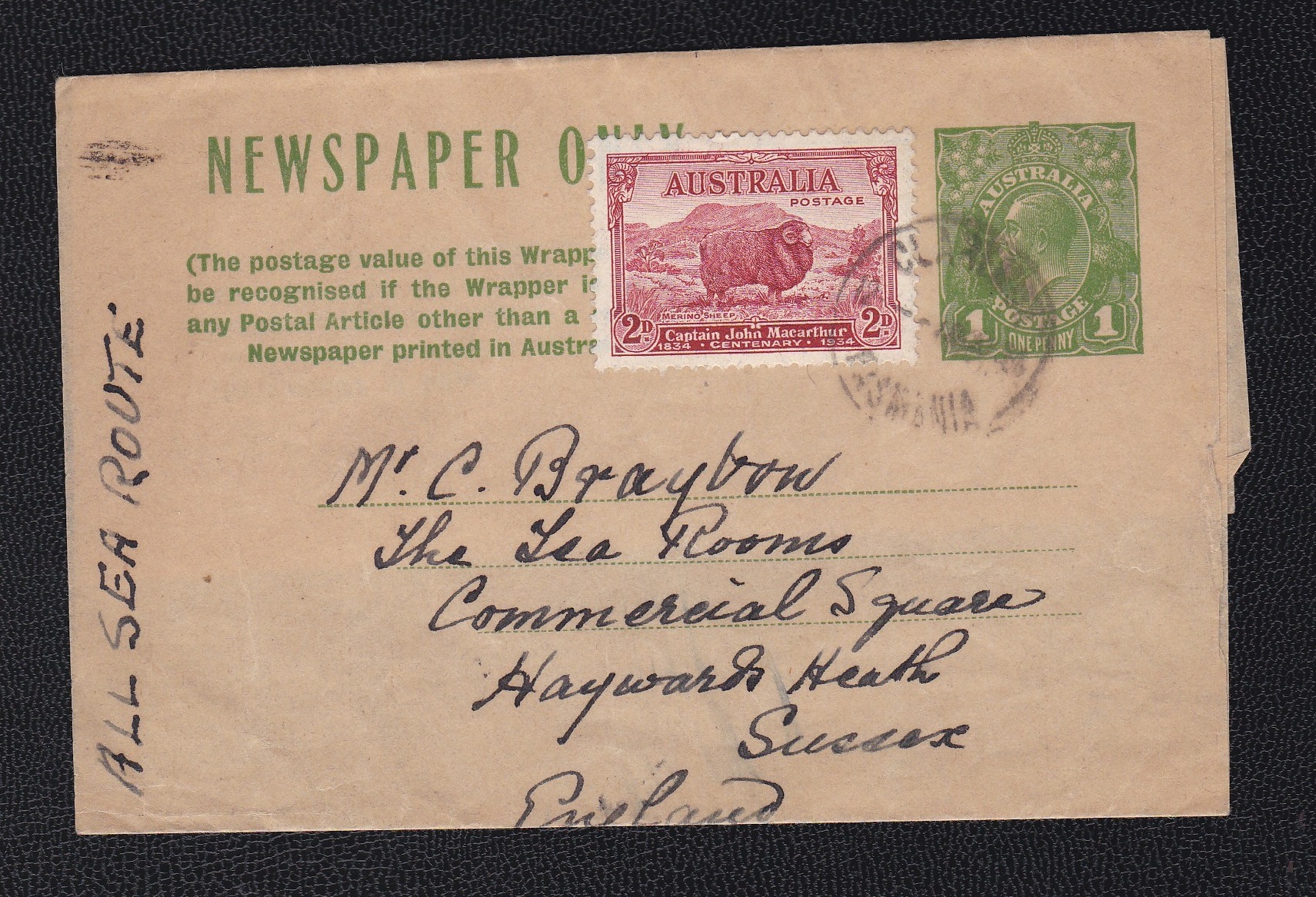 Australia 1934-Wrapper to Sussex.