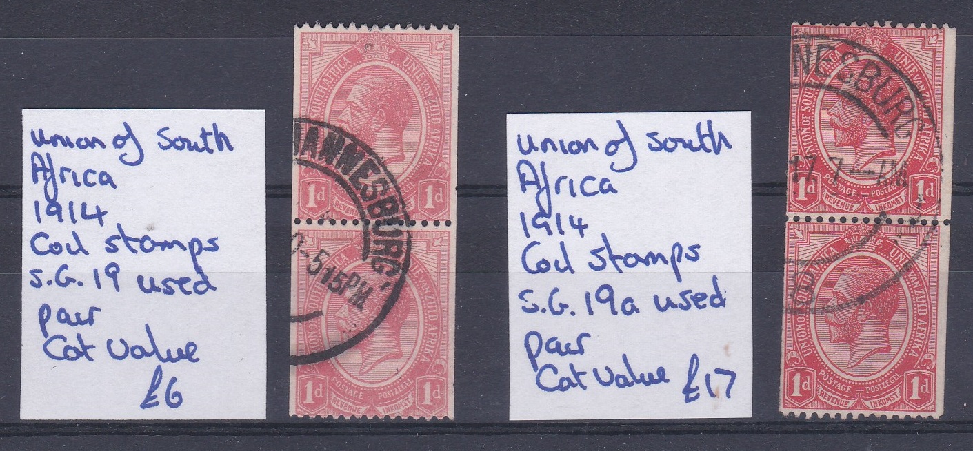 South Africa 1914 KGV Coil pairs, 1d SG 19 and 1d SG 19a fine used
