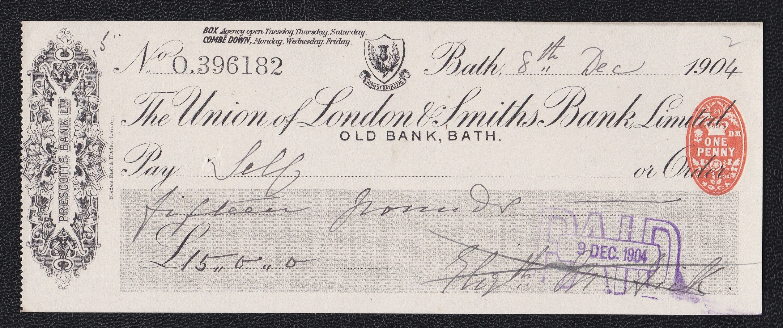 Union of London & Smiths Bank Ltd, Old Bank Bath. Used Order RO 29/3/04. Black on Cream Grey