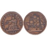 Token (1812) Halfpenny Token, obv: Sailing Ship, rev: Justice Seated left, (1812) below, near VF