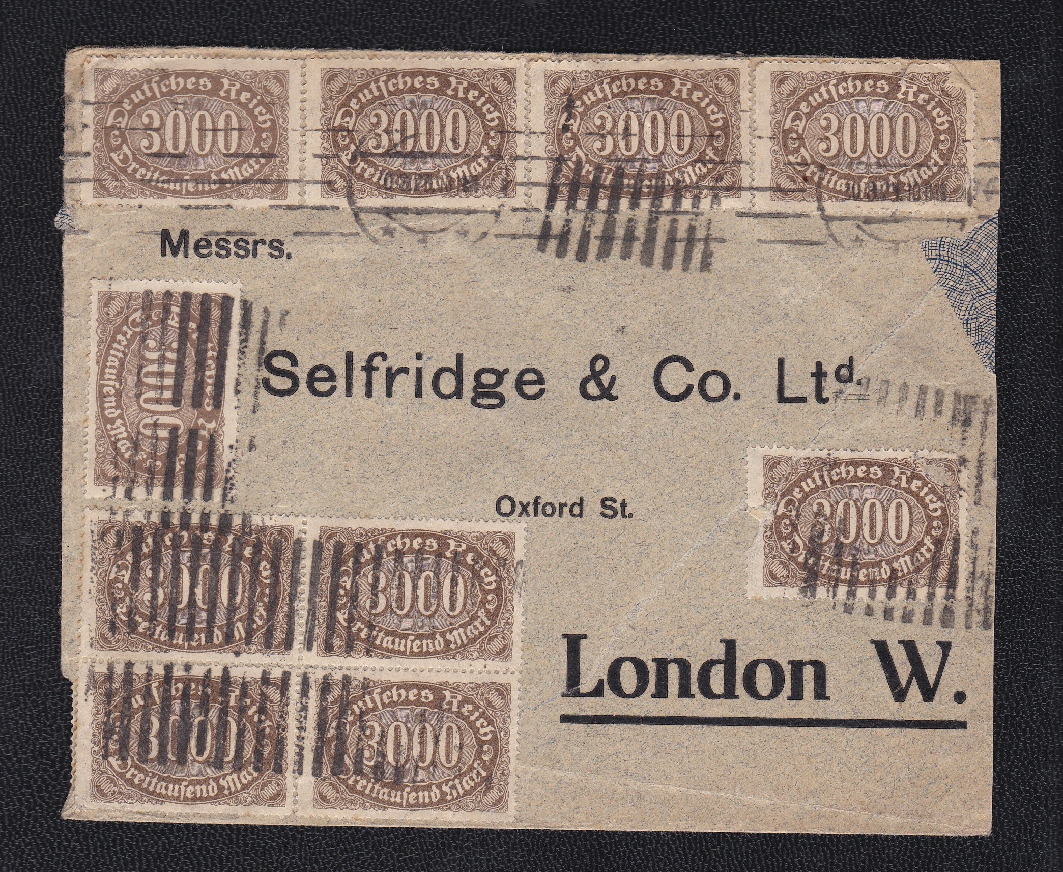 Germany 1923 3000Pf x 30 on cover, SG 243. 30 G/FU examples on commercial cover to Selfridge's,