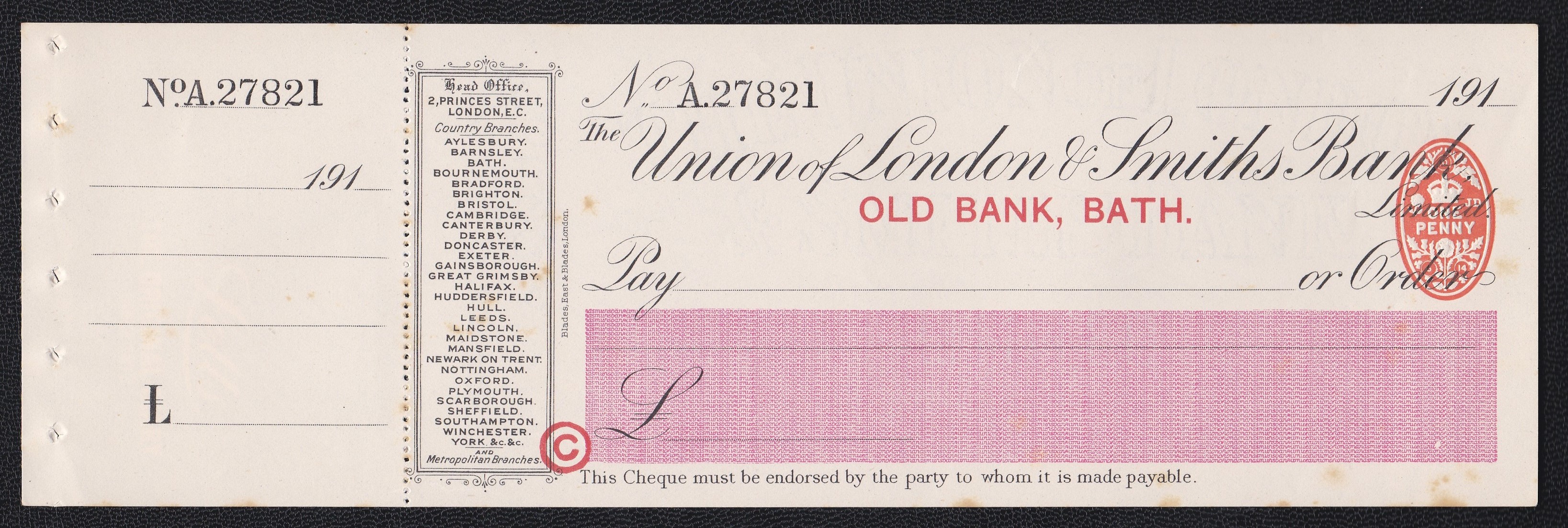 Union of London & Smiths Bank Ltd, Old Bank Bath. Mint: Order with C/F RO 10/6/14. Black on White