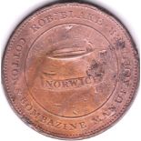 Token Norfolk - Norwich Two Pence Robert Black, Arms of Norwich in Shield Fine, Polished and