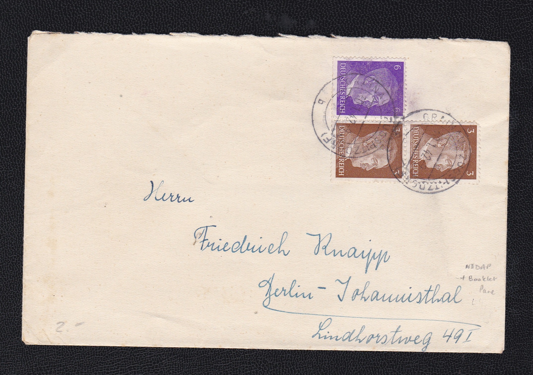 Germany 1942 Cover to Berlin, SG 773/770 Pane. N.S.D.A.P.