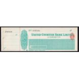 United Counties Bank Limited, Leominster. Mint Order with C/F RO 25/9/14. Green on White. Vig: Arms,