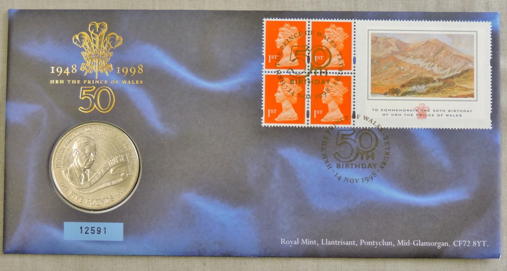 Great Britain 1998 Price of Wales' 50th Birthday £5 Coin and stamp booklet pane cover. Royal mint