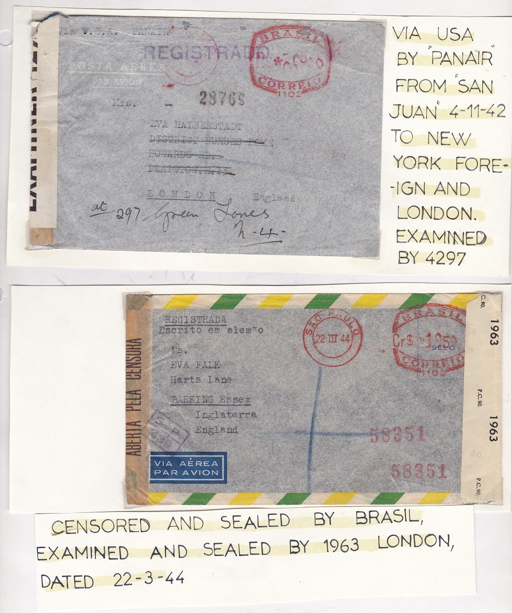 Brazil 1942 and 1944 Censored Air Env's to London (2)