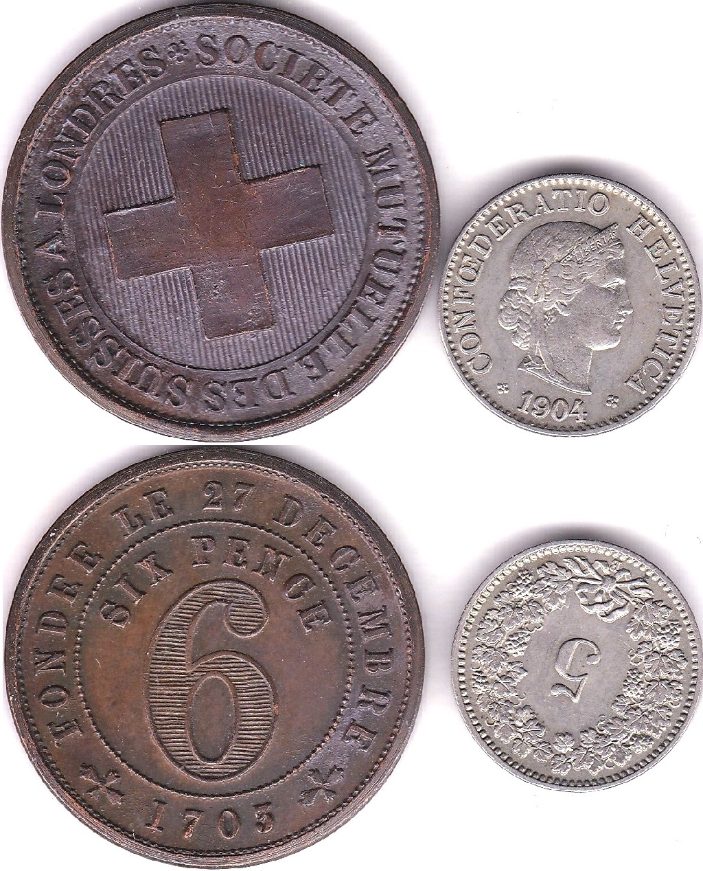 Switzerland 1904B 5 Rappen, KM 20, GEF/AUNC scarce in this grade and a Red Cross Bronze Six Pence