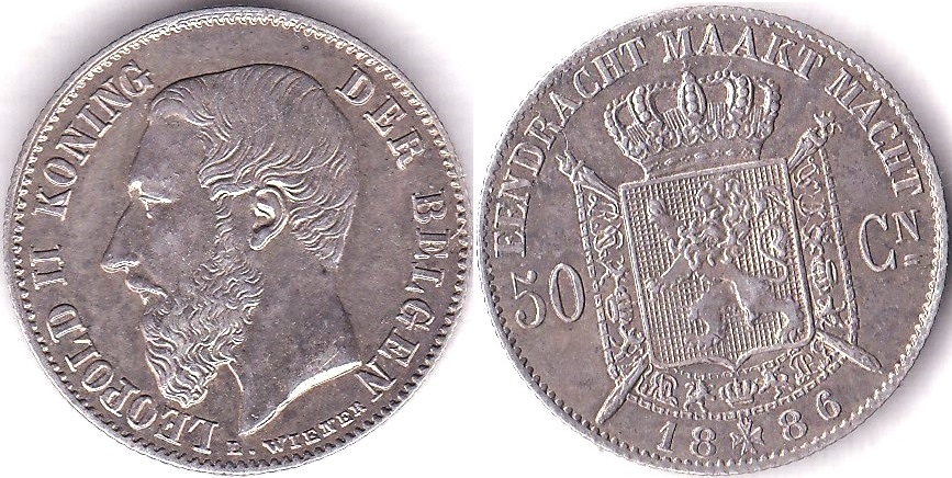 Belgium 1886 50 Centimes Des Bleges, KM 26, BUNC, Choice, Rare