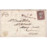 1841-1d, red imperf on cover(SG8-3 margin) Wimbledon straight line in red on front.