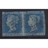 Great Britain 1841 2d blue, RA-RB used pair, small dot at foot of 'A'