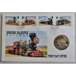 Isle of Man P&N Railway 1992 Union Pacific Railway Crown Coin and Stamp set First Day Cover.