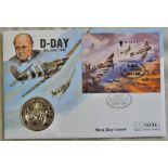 Guernsey P&N 1994 D-Day £2 Coin and Spitfire D-Day Stamp Min sheet First Day Cover Churchill