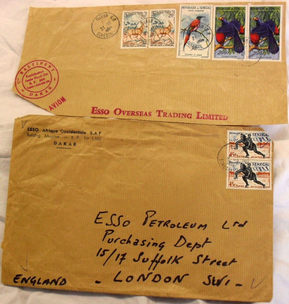 Senegal 1964 Esso Dakar Env to Esso London and 1964 large piece Dakar Exploration B.P.899 cachet