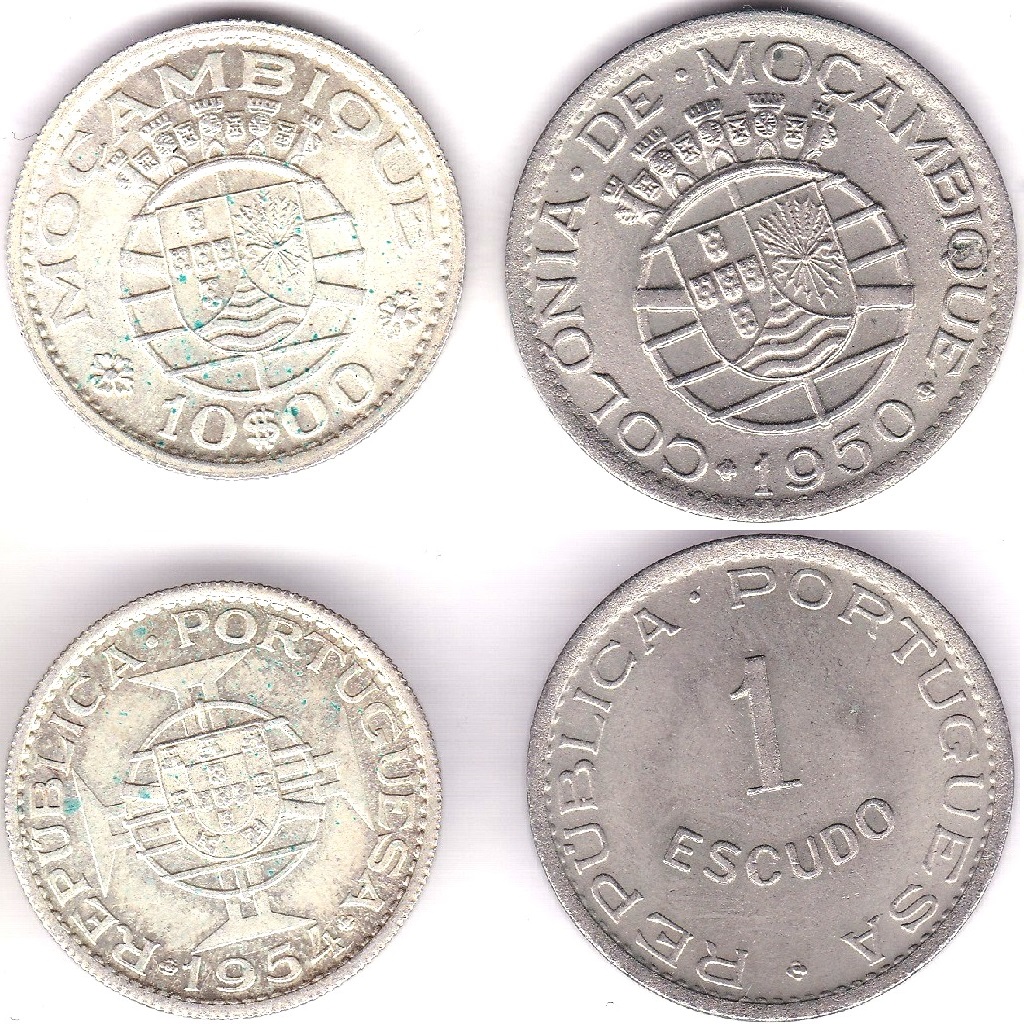 Mozambique 1950 Escudo, AUNC, KM 77, Scarce and 1954 10 Escudos, BUNC, KM 79