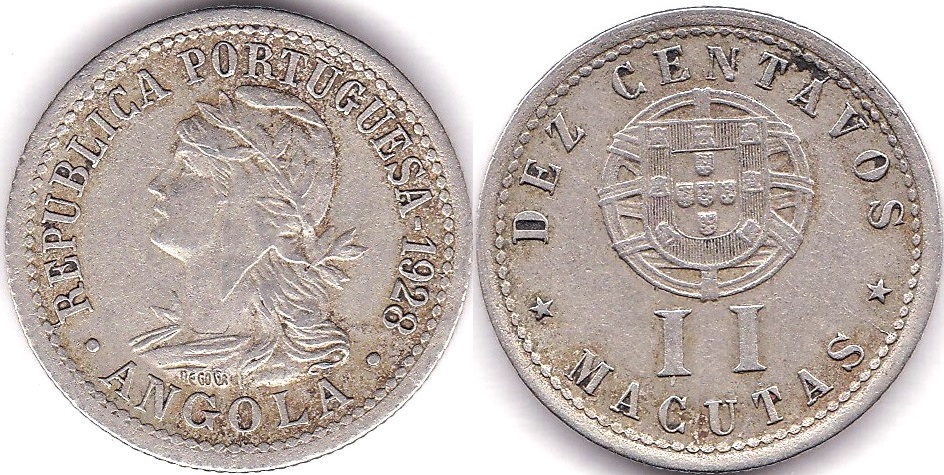 Angola 1928 10 Centavos (2 Macutas) GVF, KM 67