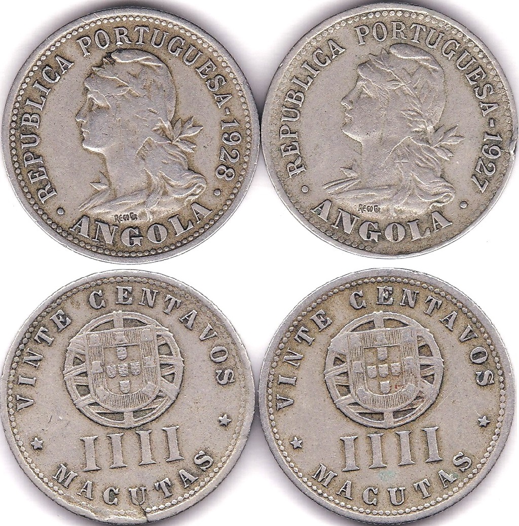 Angola 1927 and 1928 20 Centavos, KM 68, VF (2)