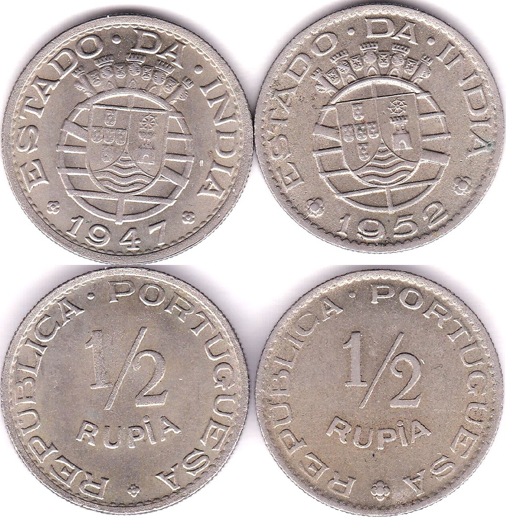 Portuguese India 1947 1/2 Rupia, KM26, BUNC, Scarce and 1952 1/2 Rupia, KM 26, GEF/AUNC