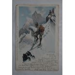 Switzerland 1902 Artist card by Ernst Platz Alpine Mountaineers, used Interlaken to London