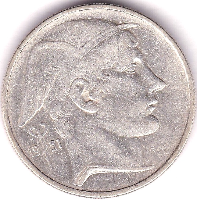 Belgium 1951 20 Francs, silver, Helmeted Head, KM 141.1, NEF - Image 3 of 3