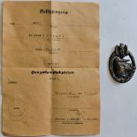 German WWII Panzer Assault Badge, bronze class with award document to Wilhelm Groppel, Stab /Pz.A.