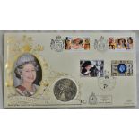 Great Britain P&N 1996 RAF Flown 70th Birthday with Queen Crown Coin and Stamps of GB, Guernsey