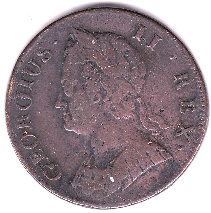 Great Britain 1/2d 1742 George II Halfpenny good fine - Image 3 of 3